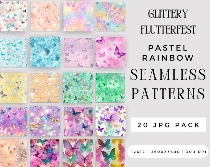 Digital Glittery Flutterfest Butterfly Seamless Pattern JPG Bundle, Sublimation Journaling File, Spring Pastel Repeating Pack Commercial Use