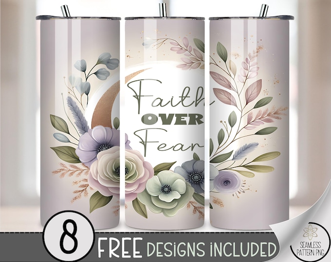 Faith Over Fear Tumbler Wrap PNG, 20oz Floral Sublimation Design with Soft Watercolor Pastels, Christian Inspiration Wrap, A322