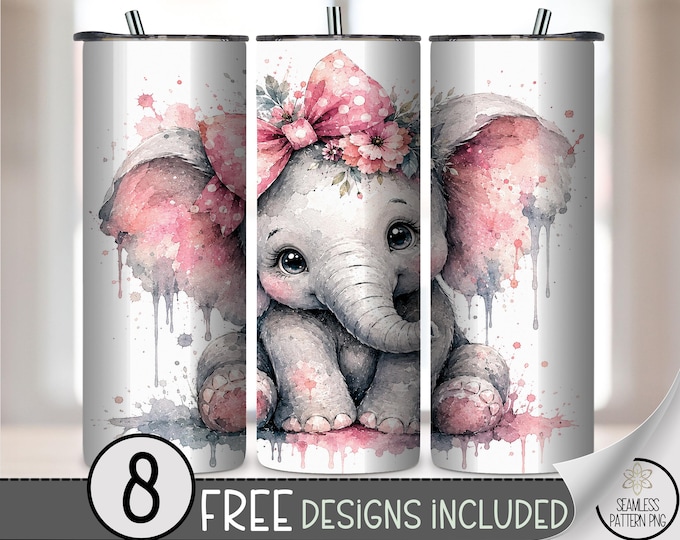 Baby Elephant 20 oz Tumbler Wrap, Cute Sublimation Design for Straight Tumblers, Watercolor PNG Files, Digital Download, B10466