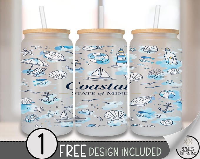 Coastal State of Mind Glass Can Wrap, 16oz Nautical Tumbler Sublimation Design, Beach PNG File, Digital Download, B10207