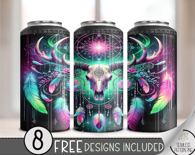Boho Dreamcatcher 4 in 1 Tumbler PNG, Seamless Neon Watercolor Tribal 16 Oz Can Cooler Sublimation Design, Western Bull Skill 4in1 Can Wrap