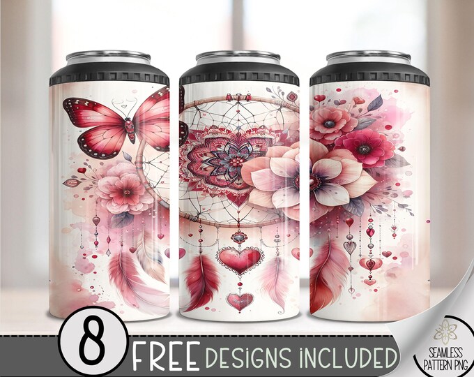 Valentine Butterfly 4in1 Can Cooler Wrap, Boho Dreamcatcher Butterfly Floral 4 in 1 Tumbler PNG,Seamless 16 Oz Can Cooler Sublimation Design
