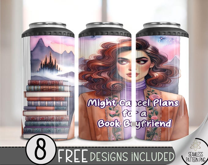 Librarian 4 in 1 Can Cooler Wrap, Book Boyfriend 4in1 Tumbler PNG, Romantasy Reader 16 Oz Can Cooler Sublimation Design, Booktok 16 oz Wrap