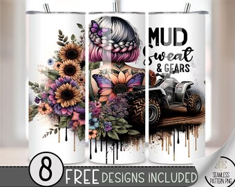 Side by Side Tumbler Wrap PNG, ATV 20 Oz Skinny Sublimation Tumbler png, Girl Off Road Tumbler PNG Design,Mud & Gears Tumbler Wrap File A133