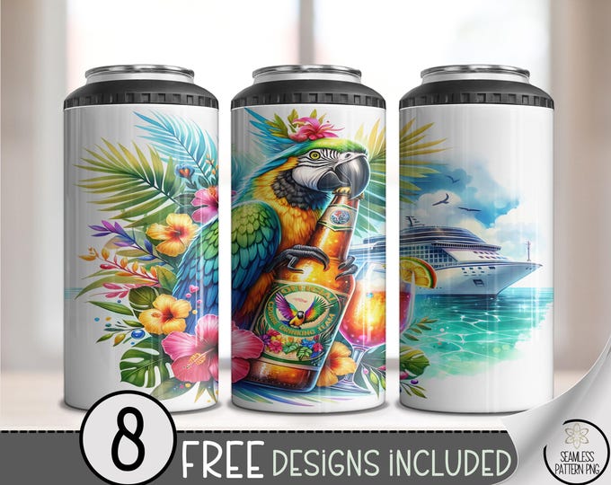 Tropical Cruise 4 in 1 Can Cooler Wrap, Colorful Parrot, Tropical Flowers, Ocean Scene, Beach Party Drink File, 8 Free Designs Included A607