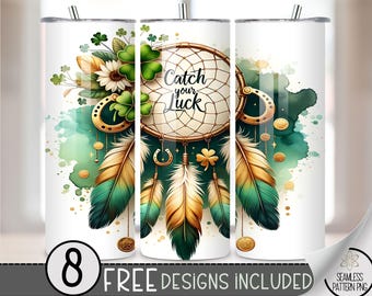 St. Patrick's Tumbler Wrap, Shamrock Dreamcatcher Sublimation Design PNG, Feather 20Oz Skinny Tumbler File, St Patty Boho Floral Tumbler A62