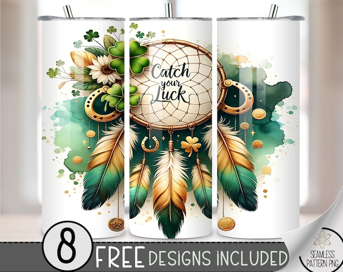 St. Patrick's Tumbler Wrap, Shamrock Dreamcatcher Sublimation Design PNG, Feather 20Oz Skinny Tumbler File, St Patty Boho Floral Tumbler A62