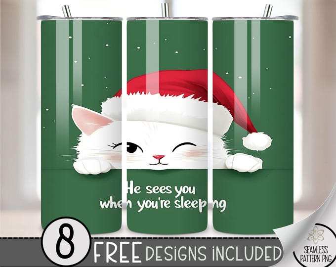 Christmas Cat Tumbler Wrap, Xmas Straight Tumbler Wrap Png,Gift For Cat Lovers, Christmas Tumbler Png,Funny Cat Tumbler Png,Santa Hat Kitten