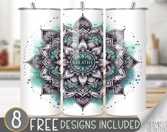 Breathe Positive Affirmation Tumbler Wrap, Inspirational 20oz Skinny Tumbler Sublimation Design, Breathe Inspirational Quote, Mandala PNG