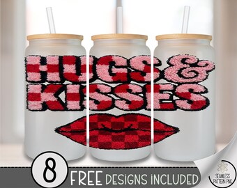 Hugs And Kisses Valentines PNG, Checkered Letters Glass Can Wrap Sublimation Design, 16Oz Digital Download, B863