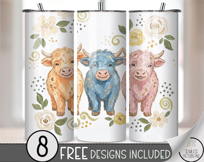 Highland Cow Png 20 oz Tumbler Wrap, Western Sublimation Design for Straight Tumblers, Grannycore PNG Files, B877