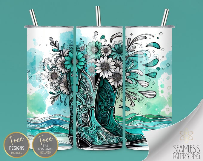 Zentangle PNG Tumbler Wrap, 20 Oz Skinny Sublimation Tumbler Design, Watercolor Western Boots Seamless Design, Boots Beach Instant Download