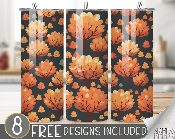 Fall Leaves Tumbler Wrap, Autumn Tree Sublimation Tumbler Design Digital Download PNG, Fall Foliage 20 OZ Skinny Wrap Seamless Design