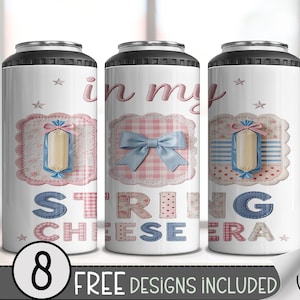 May include: Three white insulated tumblers with black lids. Each tumbler features a design with a string cheese graphic, a bow, and the words "in my string cheese era." The design includes pink and blue accents, and the text "8 FREE DESIGNS INCLUDED".