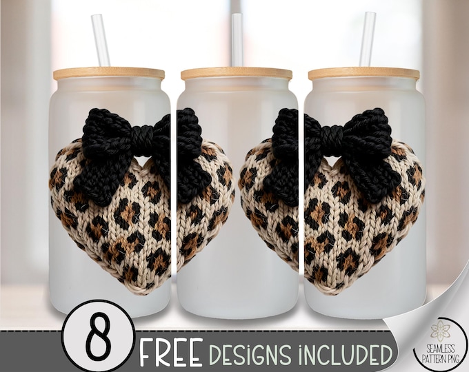 Leopard Heart Glass Can Wrap, Faux Yarn 16oz Glass Tumbler Sublimation Design, Faux Embroidery Coquette Bow PNG File A810