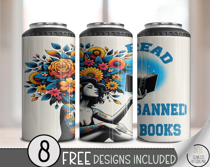 Vibrant 4in1 Can Cooler Wrap, Artistic Book-Themed Sublimation Design, Printable Artwork, Colorful Illustrative Banned Books File A534