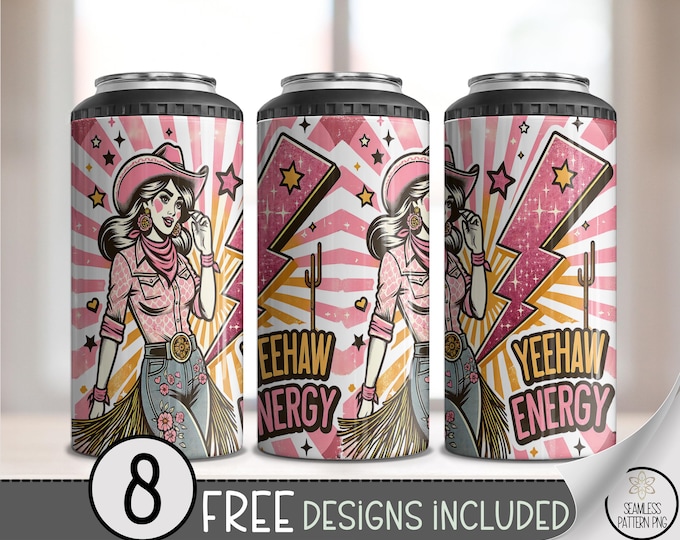 Yeehaw Energy 4-in-1 Can Cooler Wrap PNG, Western Lightning Cowgirl Sublimation Design in Pink Retro Style, A329