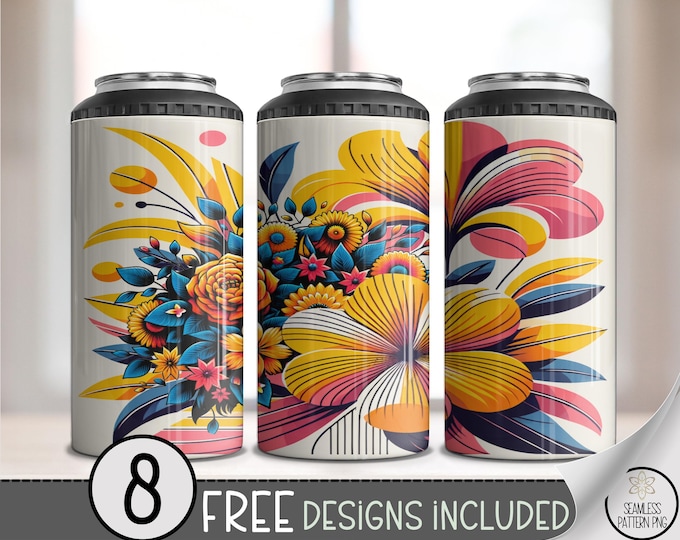 Vibrant Floral 4in1 Can Cooler Wrap, Bold Colors Sublimation Design, Artistic Floral Patterns Printable, Dynamic Drink Art A535