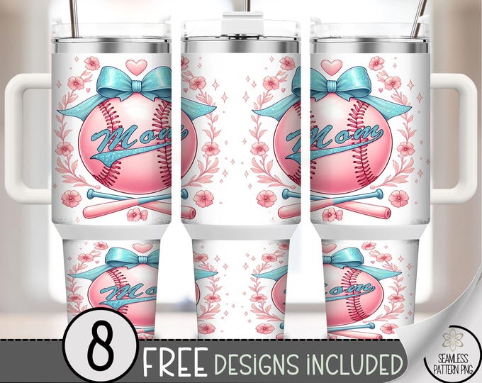 Baseball Mom 40 oz Tumbler Wrap PNG, Pink Glitter Floral Bow Softball Design for Sublimation, Sports Mom Gift, A367