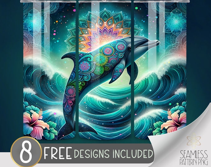 Dolphin tumbler wrap, Tropical Sublimation design, hibiscus mandala tumbler wrap, Teal Ocean 20oz skinny tumbler wrap PNG, Instant download