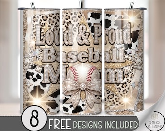 Baseball Mom 20 oz Tumbler Wrap, Glam Sublimation Design for Straight Tumblers, Sparkly PNG Files with Glitter Animal Prints B10080