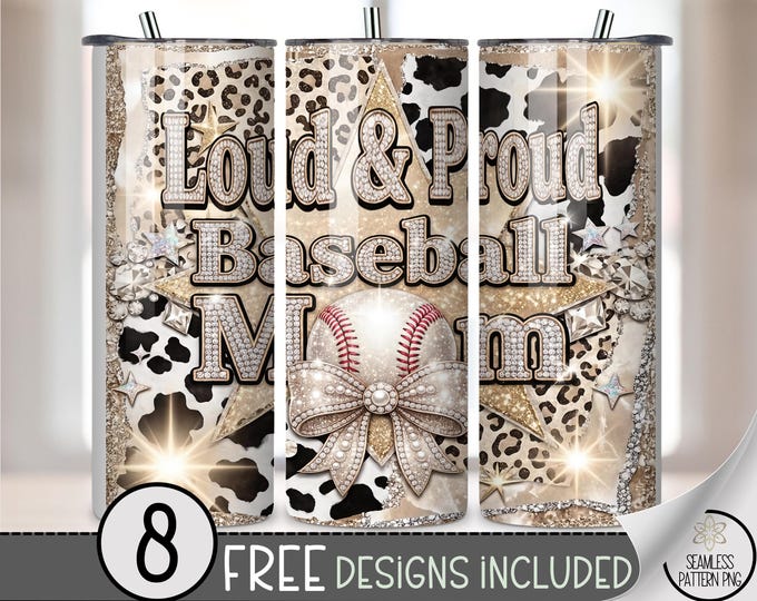 Baseball Mom 20 oz Tumbler Wrap, Glam Sublimation Design for Straight Tumblers, Sparkly PNG Files with Glitter Animal Prints B10080
