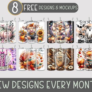 K&ouml;nnte beinhalten: Acht verschiedene Designs f&uuml;r Sublimationsbecher. Die Designs beinhalten einen Fu&szlig;ballspieler, eine Kuh, ein Reh, ein Gespenst, einen Fuchs, einen K&uuml;rbisgew&uuml;rz-Latte und Herbstbl&auml;tter. Der Text auf den Bechern lautet "Sundays are for Football", "Moon Child", "Spooky Season", "Boy-Gee Mama", "Life is Sweet Just Like an Apple" und "Falling for Autumn Vibes".
