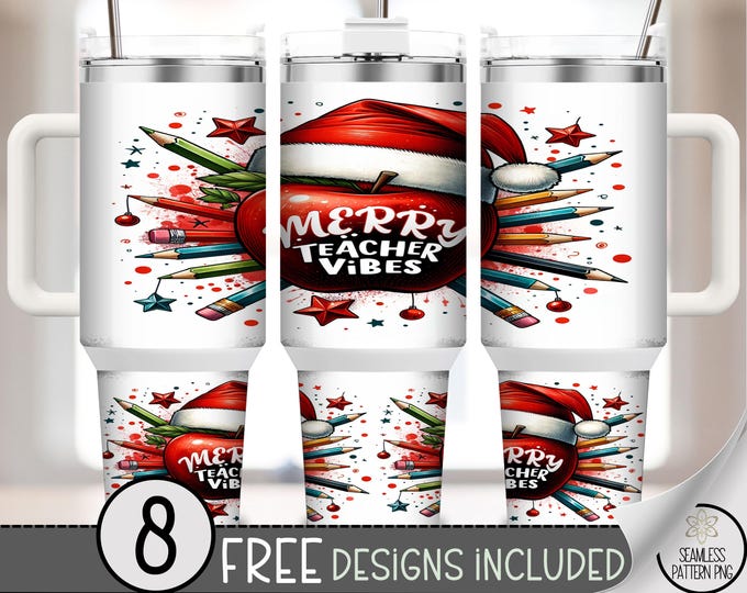 Festive Santa 40 oz Tumbler Wrap, Merry Teacher Vibes Christmas 40oz Design, Printable Wrap Bundle for Christmas Cheer, A453