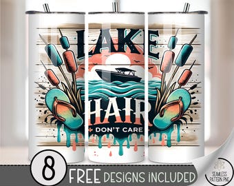 Lake Hair Don’t Care Tumbler Wrap PNG, 20oz Summer Sublimation Design with Flip Flops and Boat, Retro Lake Life Wrap, A323