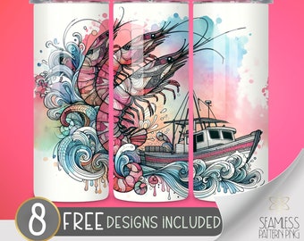 Shrimp Boat Tumbler Wrap, 20oz Straight Sublimation Tumbler Design, Zentangle Shrimp Boat Sublimation Watercolor Prawn Tumbler PNG Downloads