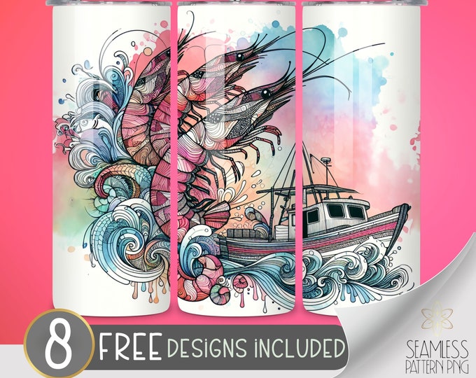 Shrimp Boat Tumbler Wrap, 20oz Straight Sublimation Tumbler Design, Zentangle Shrimp Boat Sublimation Watercolor Prawn Tumbler PNG Downloads