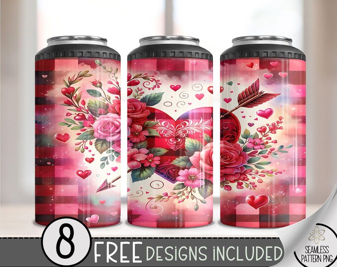 Valentine 4 in 1 Can Cooler Wrap, Love And Heart Valentine's 4in1 Tumbler PNG, Self Love 16 Oz Can Cooler Sublimation Design, VDay Hard Can