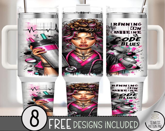 Running On Caffeine Nurse 40 oz Tumbler Wrap PNG, Caffeine Lover Design For Nurses, Digital Download B943