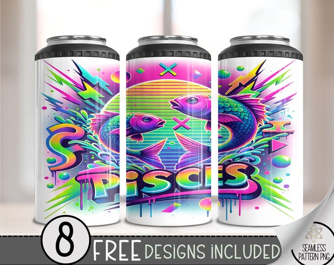 Neon Zodiac 4 in 1 Can Cooler Wrap,90s Style Pisces 16 Oz 4in1 Tumbler Sublimation Design Astrology Sign, Zodiac Signs Can Wrap PNG Download