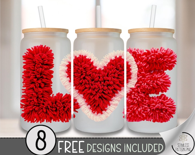 Faux Yarn Crochet Love Valentines Day Glass Can Wrap, Trendy 16oz Glass Tumbler Sublimation Design, Vday PNG File A813