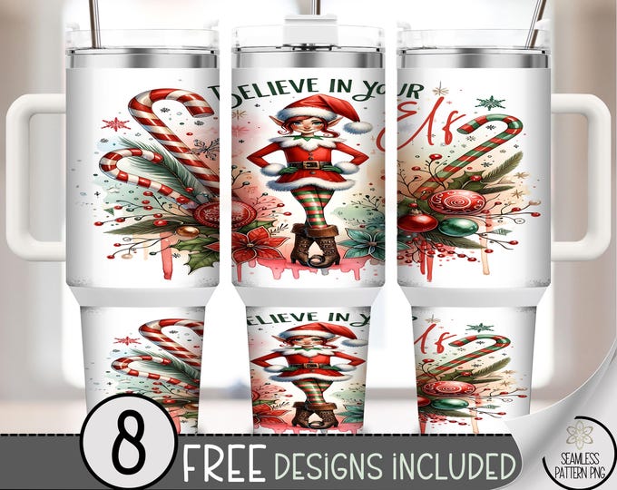Festive 40 oz Tumbler Wrap: Christmas Elf Sublimation Design, Vibrant Holiday PNG Files, Printable Festive Design, Believe in Your Elf A532