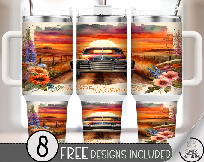 Sunset Truck 40 oz Tumbler Wrap PNG, Digital Download, Rustic Country Road Sublimation Design, A630