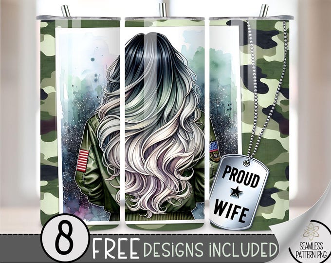 Military Wife Tumbler Wrap, Dog Tag, Proud Patriotic Wife,US American Flag,20 Oz Skinny Sublimation Tumbler Digital Design PNG File Download