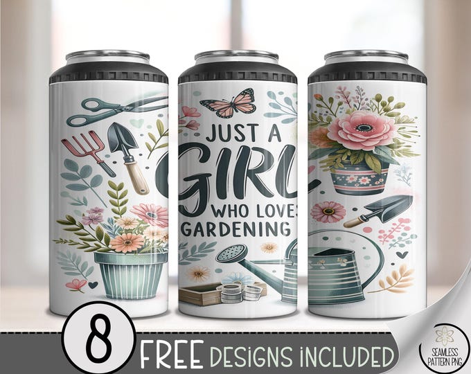 Girl Loves Gardening 4 in 1 Can Cooler PNG, 16 oz Sublimation Download for Garden Hobby, A687
