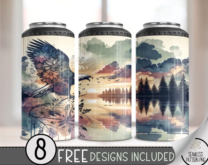 Boho Eagle Floral 4in1 Can Cooler Wrap, Watercolor Sunset Lake 4 in 1 Tumbler PNG, Seamless Ethereal 16 Oz Can Cooler Sublimation Design