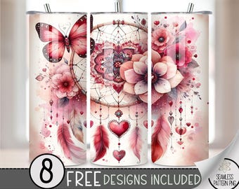 Boho Dreamcatcher Butterfly Floral Sublimation Design PNG, Valentines Day Tumbler Wrap,Ethereal 20Oz Skinny Tumbler File,Mandala Tumbler PNG