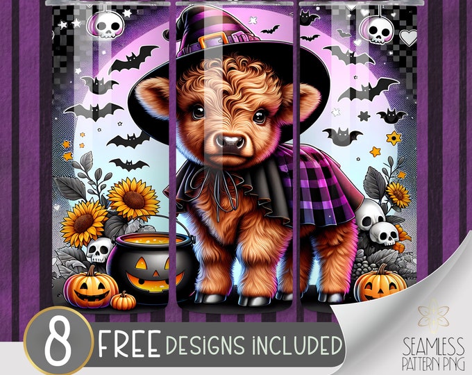 Witchy Halloween highland cow 20 oz skinny tumbler sublimation design, Halloween tumbler wrap, sunflower cauldron design instant download