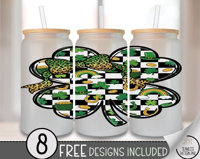 Coquette St. Patrick's Day Glass Can Wrap, Shamrock Checkerboard 16oz Glass Tumbler Sublimation Design, Clover PNG File, B915