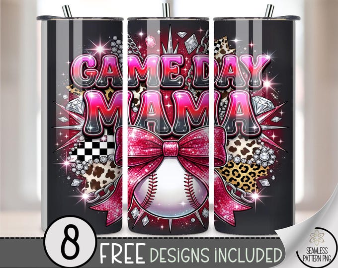 Game Day Mama 20 oz Tumbler Wrap, Baseball Bow Sublimation Design for Straight Tumblers, Rhinestone PNG Files, B10120