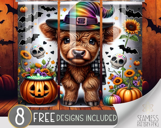 Witchy Halloween highland cow 20 oz skinny tumbler sublimation design, Halloween cow tumbler wrap,sunflower cauldron design instant download