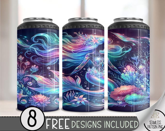 Mermaid 4 in 1 Can Cooler Wrap, Mermaid Theme 4in1 Tumbler PNG, Magical Mermaid 16 Oz Can Cooler Sublimation Design, Ocean Floral PNG, A101