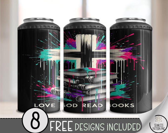Modern Grunge 4in1 Can Cooler Wrap, Faith-Based Sublimation Design, Urban Digital Love God Read Books Wrap, Bold Neon Cross File A496