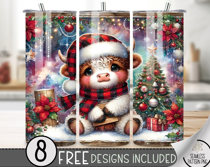 Christmas Tumbler Wrap, Highland Cow Christmas Tumbler Wrap, Winter Sublimation Design, Xmas 20 Oz Skinny Tumbler Sublimation Design