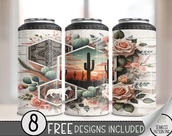 Western Rose 4 in 1 Can Cooler Wrap,Country Western 4in1 Tumbler PNG,Floral Cactus 16 Oz Can Cooler Sublimation Design,Seamless Country PNG