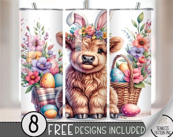 Highland Cow Easter Tumbler Wrap, Bunny Floral 20oz Skinny Tumbler Sublimation Design, Egg Easter Tumbler Wrap File PNG,Seamless Floral File